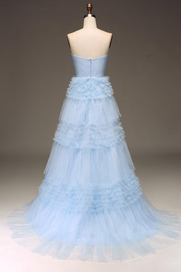 Light Blue A Line Tiered Strapless Tulle Prom Dress with Slit